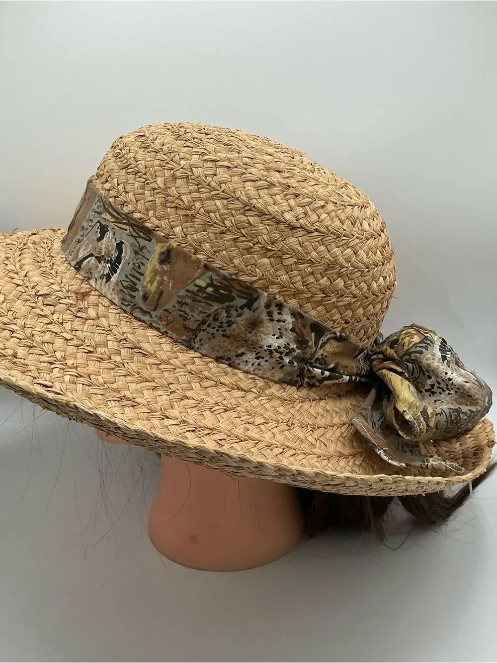 Womens Natural Straw Sun Hat with Patterned Bow